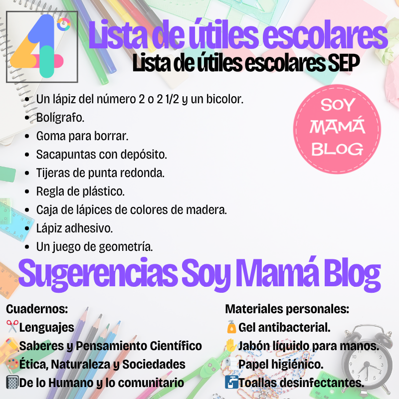 Lista de útiles sugerida por la SEP | Cuarto grado