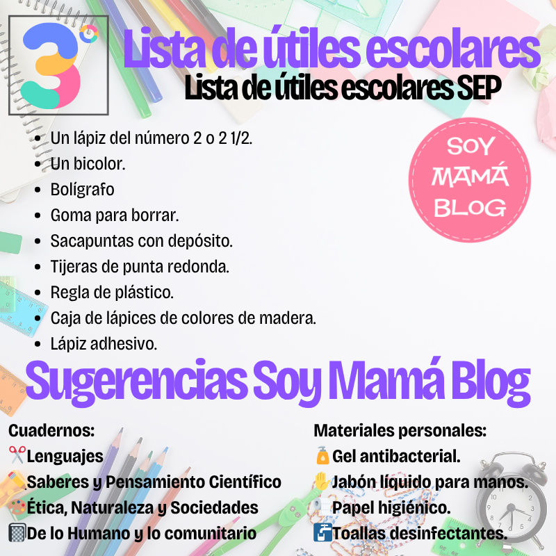 Lista de útiles sugerida por la SEP | Tercer grado