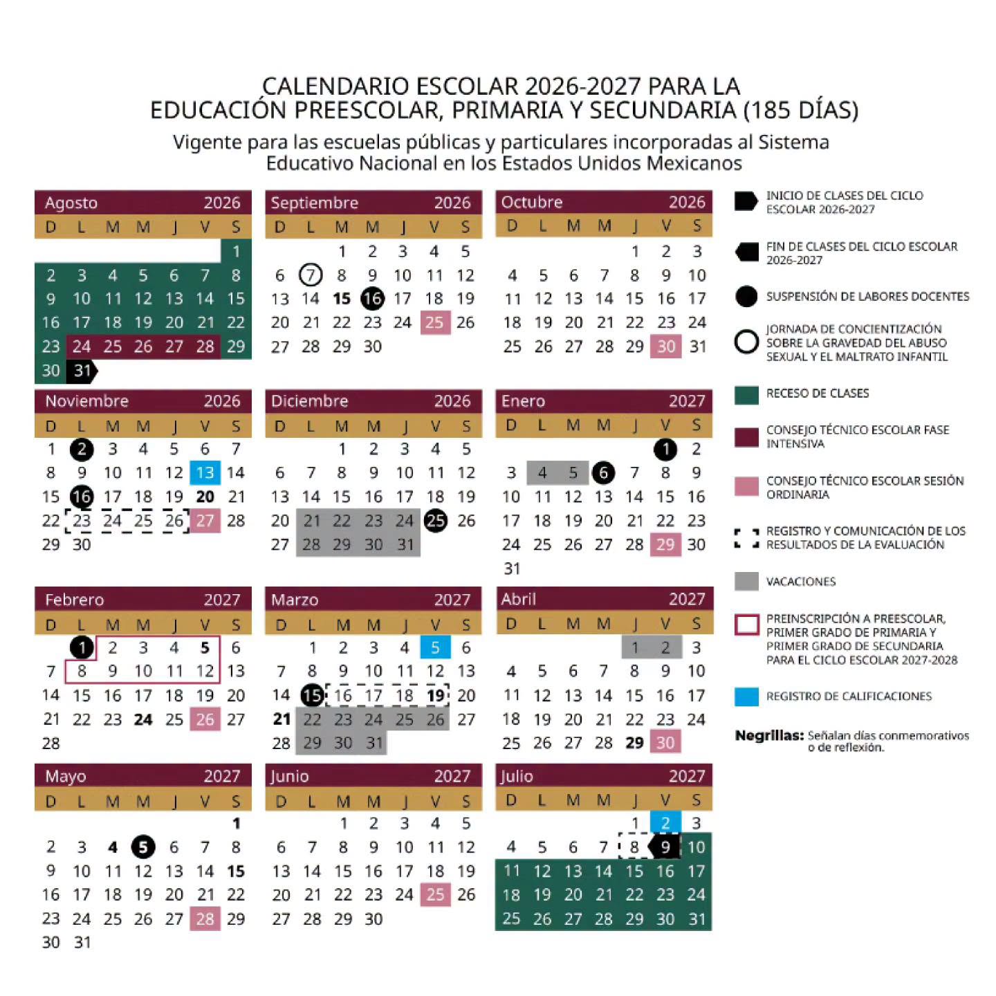 Calendario SEP Ciclo escolar 2026 2027